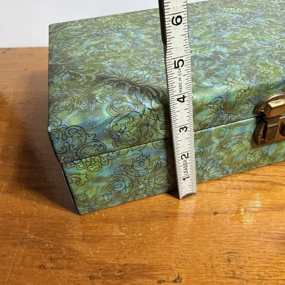 Mid Century Groovy Blue Green Floral Jewelry Box Velvet Lining Dresser Box 14